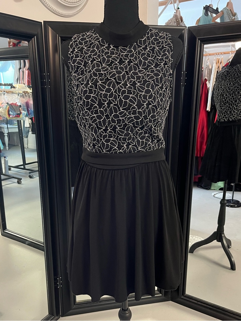 Xtraordinary Black Dress with White Floral Lace Bodice